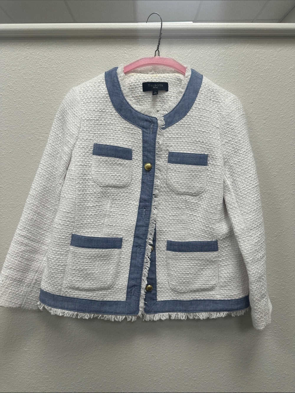 Talbots White Tweed Jacket with Blue Chambray Trim and Gold Buttons